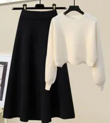 【ブラック】セットアップ ニットトップス ウールスカート 秋冬 上品 カジュアル 体型カバー 韓国風 Aライン ハイウエスト