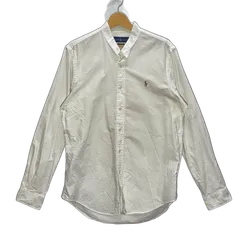 RALPH LAUREN ラルフローレン ノーカラーシャツ ポニー刺繡 長袖 シャツ ボタンダウン ワンポイント刺繡 オーバーサイズ ベトナム製 Mサイズ ホワイト