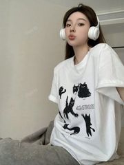 可愛い漫画猫プリントパッド入り ショート スリーブ Tシャツ レディース、スウィートで、ルーズフィット、春夏