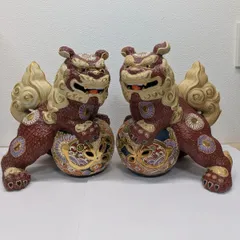 九谷焼 獅子 玉乗り獅子 狛犬  赤白 ２個セット  魔除け 縁起物 置物 九谷焼 玉獅子 玉乗り獅子 30cm 赤獅子 厄除け 招福 縁起物 朱色