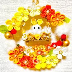 つまみ細工　リース　うさぎ　黄色