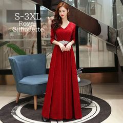 이브닝 드레스 레드 파티 드레스 큰 사이즈 7 분 소매 결혼식 원피스 라메 파티 불려 SML XL LL 2XL XXL 3XL XXXL 着痩せ 사은회 호화 퍼포먼스 롱 길이 심플