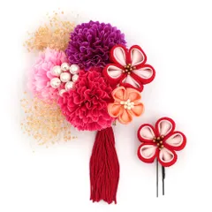 髪飾り 成人式 振袖 前撮り 袴 2点セット 花 赤 ピンク 紫 ちりめん パールビーズ カスミソウ 房 大きい 小さい 和装 大人可愛 No.12-0730