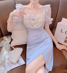 花柄 フリル レース トップス 春服l 白 青スカート セットアップ
