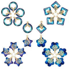 【特価】SUNNYCLUE　4種24個　青い系　ラインストーン　チャーム　パーツ　ラインストーンペンダント　キュービックジルコニア　ガラス　チャーム　星　花　パーツ　ハート　円形　ペンダント　スクエア　バラ　ネックレス　生命の樹　ピアス　スター　フラワー　イヤ