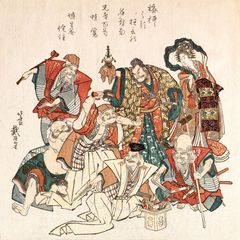七福神　絵画 Yahoo!オークション - 七福神戯画「七福神寿柱建之図／大判錦絵