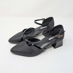 パンプス 黒 結婚式 チャンキーヒール 22.5 23 23.5 24 24.5 ラメ グリッター アンクルストラップ ポインテッドトゥ レディース haremode 3424