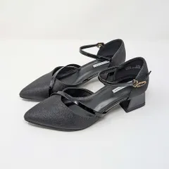 チャンキーヒールパンプス レディース 黒 4.5cmヒール グリッター アンクルストラップ ポインテッドトゥ 安定感 結婚式 冠婚葬祭 オケージョン 3424