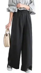 XL_ブラック [1/2plus] ワイド パンツ ズボン ウエスト ゴム ワイド ガウチョ ロング ゆったり タック コーデ イージー スタイル レディース (XL, 黒)