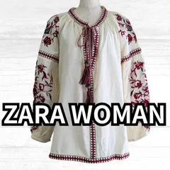 USED トップス ZARA WOMAN ホワイト 刺繍 ブラウス L バルーン袖 古着 長袖