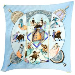 エルメス スカーフ レディース カレプリセ plaza de toros 闘牛場 蛇腹 ファッションアイテム HERMES シルク    ブルー 青 美品【中古品】