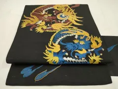 平和屋着物●アンティーク　大正ロマン　九寸名古屋帯　刺繍　龍　黒地　金銀糸　正絹　逸品　AAAT1263wj
