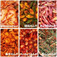 酸味のある白菜キムチ（カット）800ｇ　胡瓜キムチ500ｇ　みょうがキムチ300ｇ　長芋キムチ300ｇ　らっきょうキムチ300ｇ　ヨルムキムチ300ｇ