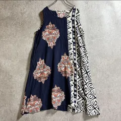 yul ユル エスニック柄ワンピース ノースリーブ レーヨン麻混 アジアンリゾート 総柄 ゆったり 涼感　チャイハネ　ウッドビーズ加工