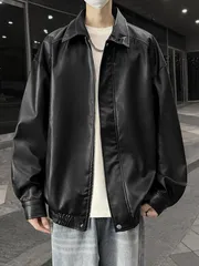 レザージャケット メンズ ヴィンテージ風 PUレザージャケット  カジュアル アメリカンスタイル リラックスフィット 長袖 ポケット付きジップアップ 滑らかな仕上げ 無地 アウトドア ストリートウェア PUレザー素材 ブラック