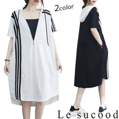 Le sucood ジップアップ ライン シャツワンピース 半袖 ワンピースパーカー 夏用 プルオーバーパーカー スポーツMIX 切り替え 半袖 ゆったり オーバーサイズ ひざ丈 大人カジュアル 大人可愛い レディース モード系 個性的 原宿系 青文字系