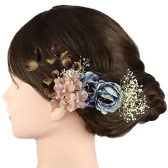 髪飾り 成人式 薔薇 青 グラデーション 振袖 前撮り 袴 花 ピンク 白 モスグリーン バラ カスミソウ 小さい 2点セット ナチュ No.9-5453