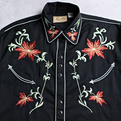 【SCULLY】豪華刺しゅう レーヨン混 ブラック ウエスタンシャツ Ｌサイズ カウボーイコア ロカビリー