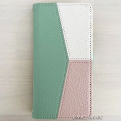 iPhone 14 / 13 スマホ ケース 手帳型 グリーン 緑 カードケース ストラップ付き トリプルカラー トリカラー アイフォン アイホン