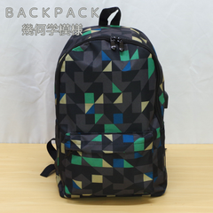幾何学模様 多機能バックパック（黒地、青・緑・ベージュ）　通学　登山　ピクニック　リュック　リュックサック　レディース　メンズ　キャンバス