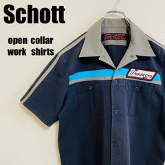 ショット Schott ワークシャツ オープンカラーシャツ 半袖シャツ ワークウェア メンズ  Mサイズ 刺繍ワッペン ダークグレー ストリート アメカジ