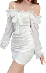 toasoa トーアソーア オフショルダー ワンピース セクシー レディース ミニ タイト フリル キャバ嬢 キャバクラ クラブ ホステス お水 ドレス 肩出し 長袖 可愛い 2way ホルターネック リボン 03 - 白( ホワイト,  XL)