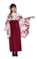 03-B×袴:臙脂(袴下帯:レモン×ブルー)_袴 LL [KYOETSU] [キョウエツ] 袴セット 二尺袖着物 花和柄 無地袴 3点セット(着物、袴、袴下帯) レディース (袴 LL, 03-B×袴:臙脂(袴下帯:レモン×ブルー))