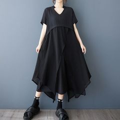 モード系  半袖 ブラック Vネック スタンドカラー ハーフスリーブ 個性  Aライン ロングデザインドレス