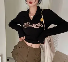 韓国ファッション クロップド丈 ロゴ入り 長袖トップス レディース 黒 ブラック きれいめ カジュアル ストリート Y2K 細見え 体型カバー 秋服 冬服 [1102]