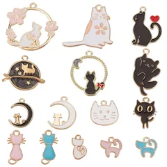 【在庫セール】ネコ　さくら　キーホルダー　ムーン　メタルパーツ　可愛い　招き猫　ヴィンテージ　アンチック　エナメル　合金　チャーム　マカロン　チャームパーツ　アクセサリー　基礎パーツ　ジュエリー作り　レディース　デコキット　クラフト手芸　手作りハンドメイド　キのサムネイル