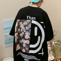 デイジー　スマイル柄　Tシャツ　ブラック　ビッグシルエット　ユニセックス　韓国