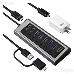 [DJ24000058] 7ポートUSB 3.0データハブ BC 1.2充電ポート 45W GaN急速充電器 デュアルType-C対応 (未開封)
