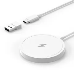 iPhone 15/14/13/12シリーズ対応 15W/10W/7.5W/5W 変換アダプタつき USB-A Type-C 無線充電器 超薄型 軽量 急速 ホワイト (Pad) Charger Wireless MagSafe対応 マグネット式 Qi認証 ワ