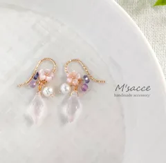 ローズクォーツクォーツ ピンクシェルフラワー ピアス 14kgf/ イヤリング