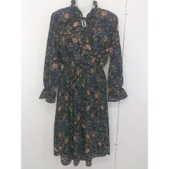 ◇ SPRAY PREMIUM 花柄 スタンドカラー ギャザー 長袖 膝下丈 ワンピース ブラック ブルー マルチ レディース  【中古】 【1206170004797】