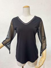 袖カワ】新品 社交ダンスカットソー黒バルーンスリーブ ラインストーン