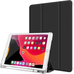 ブラック 『Masinca』iPad ケース iPad 10.2インチ ペンシル収納付き 三つ折 (2021/2020/2019モデル)第9世代/第8世代/第7世代 保護カバー クリアバックケース 自立スタンド・オートスリープ機能 軽量・薄型・ハードタイプ 手