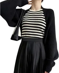 Clove Cube クローブキューブレディース ボレロ カーディガン 長袖 ニット ショート丈 ドルマンスリーブ(ブラック,  Free Size)