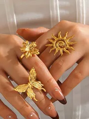 リング レディース セット ステンレススチール ファッショナブル バタフライ フラワー サンリング 3点セット、日常着用、旅行、ショッピング、パーティに適しています