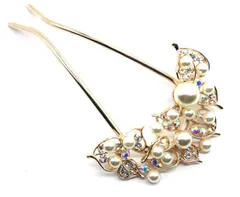 【数量限定】Miaomyao 簪 かんざし バチ型 髪飾り 【ミャオミャオ] 和装 金属 パール ビジュー フラワー 花 コーム ピンクゴールド ヘアアクセサリー