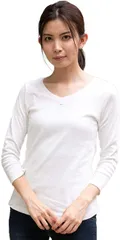 [アスペルシオ] Vネック 8分丈 フライス Tシャツ レディース 8分袖 8分そで tシャツ ロングt ロンt ロングシャツ ティーシャツ ロングティーシャツ 丸首 vネック ラウンドネック クルーネック かわいい  [#2 Vネック8分袖ホワイト] [M]