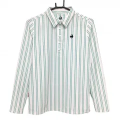 ルコックゴルフ 長袖ポロシャツ 白×グリーン ストライプ ロゴ刺しゅう  レディース L ゴルフウェア le coq sportif