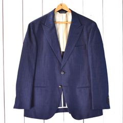 4TB070】azabu tailor 伊製カノニコ生地 麻リネン混 2つボタン シングル ジャケット 052A / M 濃紺 シャドーストライプ O213DY1J【中古】【メンズビジネス】202402