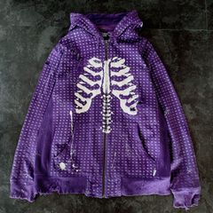 【Remake】STUSSY ステューシー 好配色 1点物 リメイク ダメージ ボロ加工 半壊 総柄 骨 スカル ジップアップパーカー フーディー