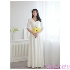 ウェディングドレス ロングドレス 二次会 半袖 Vネック サテン 結婚式 前撮り ワンピース シンプル 編み上げ 白 ブライダル 花嫁 ウエディングドレス