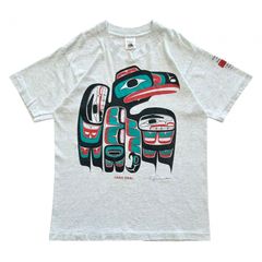 M 90s ヴィンテージ カナダ製 フルーツオブザルーム ハイダ族 ネイティブ柄 アート Tシャツ 両面 ビック プリント Reg Davidson ワタリガラス  霜降り グレー 杢