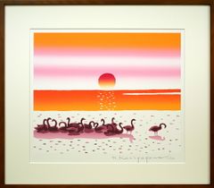 栗谷川　健一「旅立ち近く（濤佛湖・白鳥公園）」シルクスクリーン版画・限定・直筆サイン入 北海道デザイン界の父 小竹美術 真作保証
