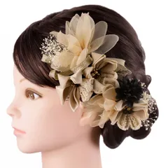 髪飾り 成人式 つまみ細工 ベージュ 生成り オフホワイト 黒 ゴールド 花 組紐 カスミソウ 振袖 前撮り 袴 花 レース リボン No.9-5586