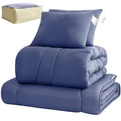 ふとんセット 収納ケース付き 固綿三層敷布団 洗える 掛布団 防臭 敷布団 枕 抗菌 柔らかな肌触り 寝具セット 5点セット 軽量 通気 ダブル SEK認証 アレルギー対策 布団セット 一年中使える 組布団セット fuwawa 新生活応援（ネイビー）