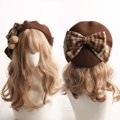 【新品】レトロガーリー♡チェックリボンベレー帽 秋冬 レディース リボン ウール ベレー帽 蝶結び 無地 ヘアアクセサリー ロリータ 帽子 フェルト お人形 髪飾り ナチュラル ガーリー 森ガール ヘッドドレス ふんわり コスプレ　G0397